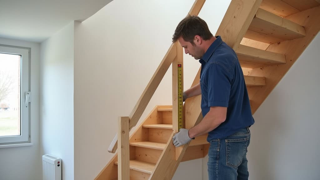Professionnel installant un monte-escalier dans une maison de La Meauffe, en train de mesurer les marches avec un ruban à mesurer et un niveau à bulle