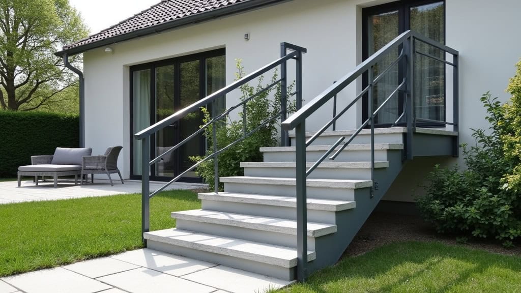 Monte-escalier d’extérieur en aluminium installé sur les marches menant au jardin d’une maison à La Meauffe, avec un fauteuil gris et un rail robuste résistant aux intempéries