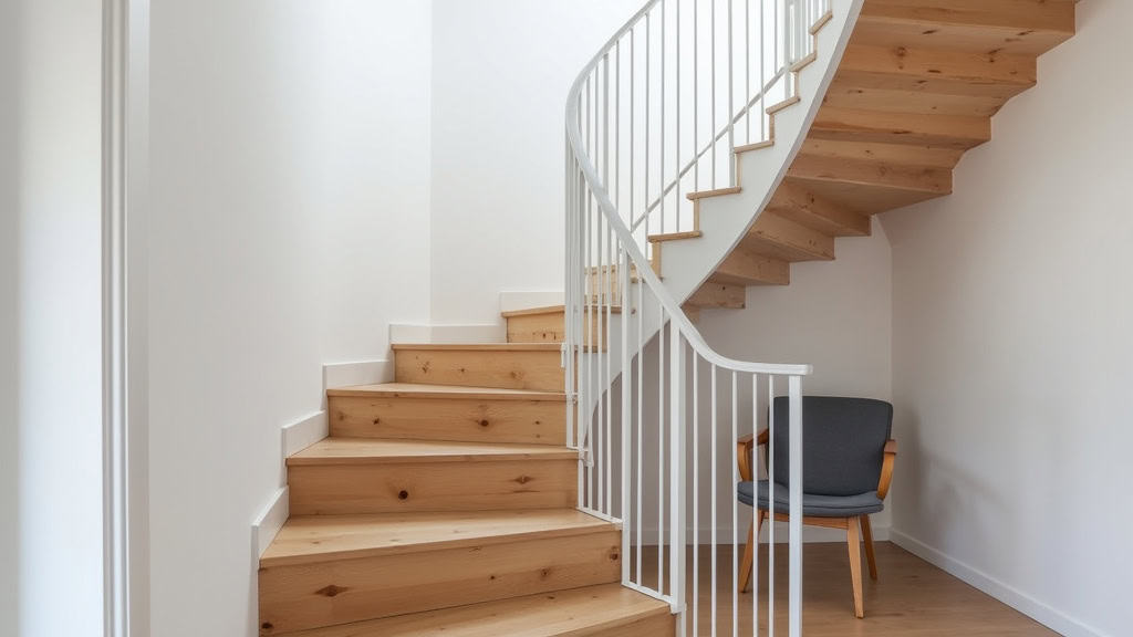 Monte-escalier droit installé dans une maison ancienne de La Mulatière, avec escalier en bois clair et rail en aluminium blanc, discrètement intégré. Le siège est en tissu gris, replié au sommet des marches.