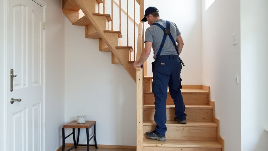 Technicien professionnel installant un monte-escalier droit dans une maison à La Plaine-sur-Mer