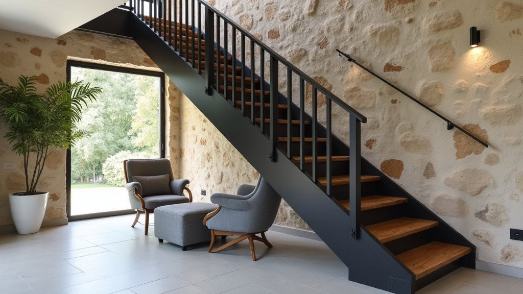 Monte-escalier courbe en aluminium noir dans une maison traditionnelle provençale à La Verdière, avec un siège gris, intégré discrètement à un escalier en bois sombre