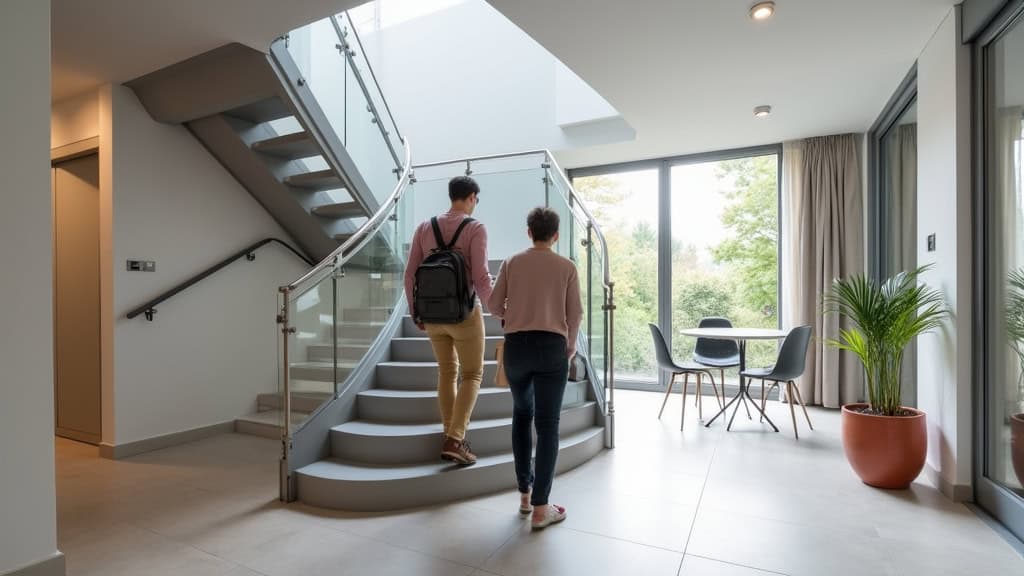 Monte-escalier courbe en aluminium gris clair installé dans un intérieur moderne à La Verrière, avec personne âgée utilisant le siège en toute sécurité