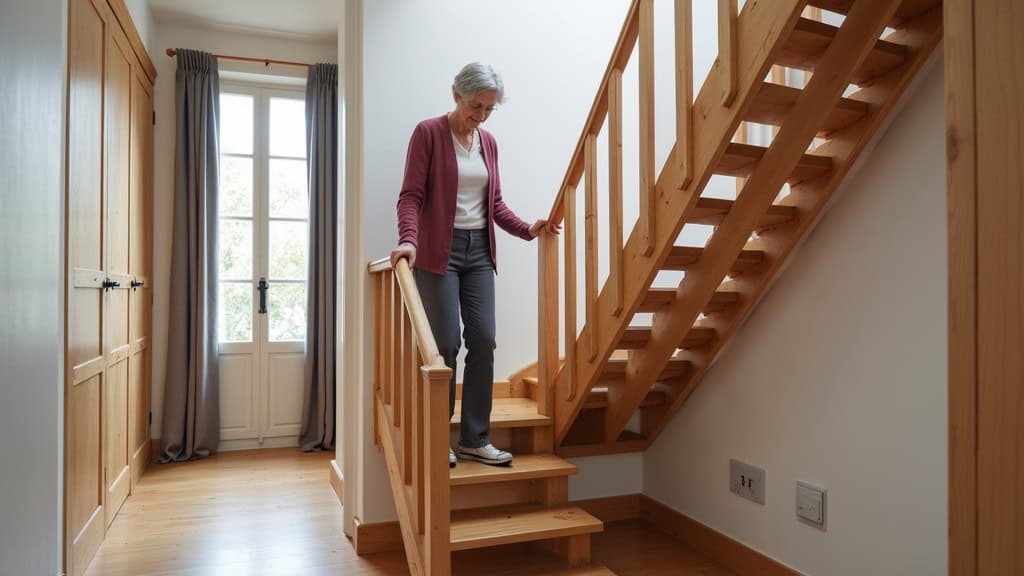 Monte-escalier droit installé sur un escalier en bois dans une maison traditionnelle à La Vraie-Croix, avec personne âgée en train d