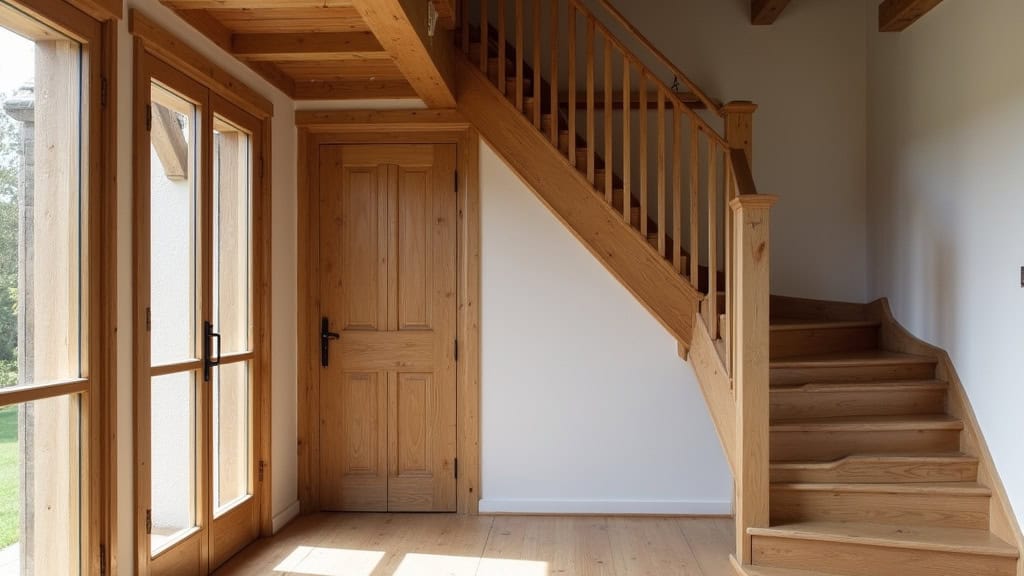 Monte-escalier tournant installé sur un escalier en bois avec virage dans une maison traditionnelle de La Vraie-Croix, visible depuis le hall d