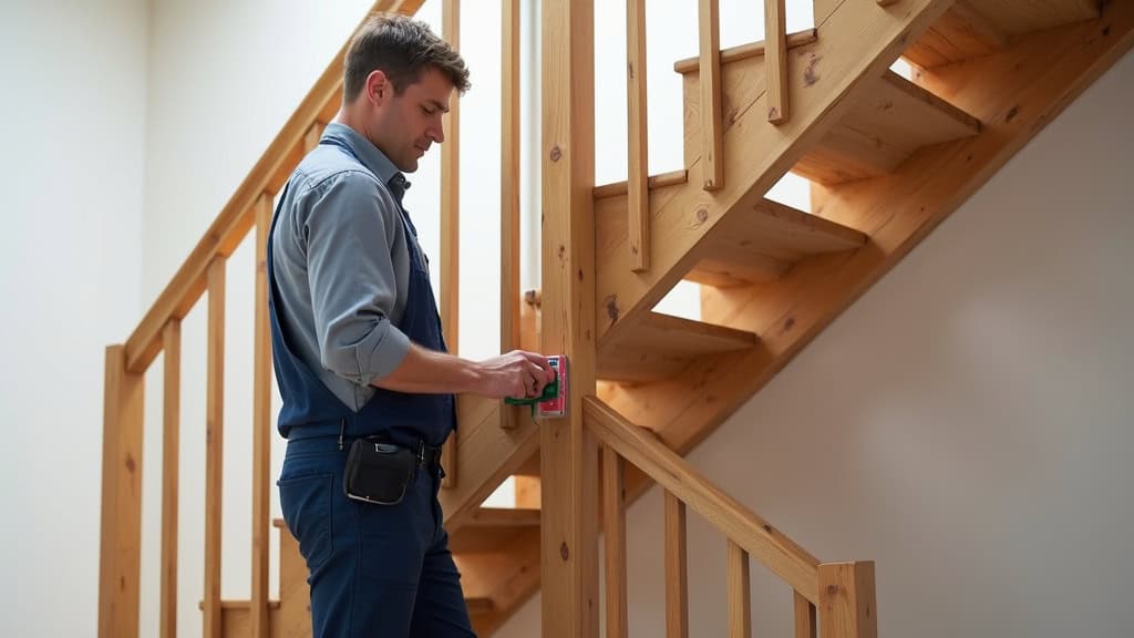 Technicien professionnel en train de mesurer les escaliers en bois d
