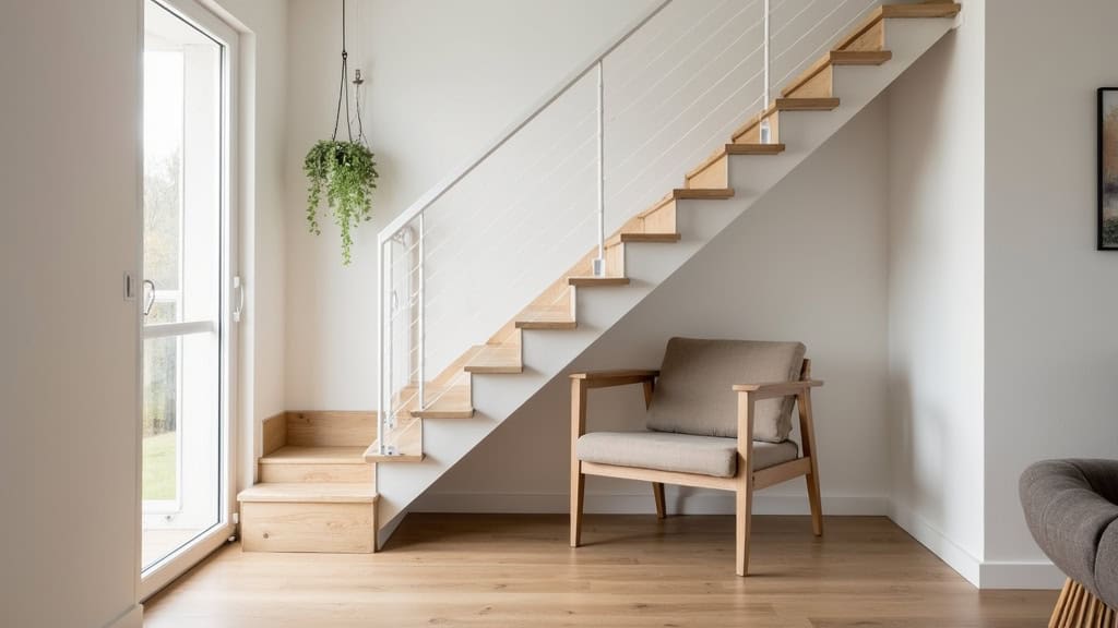 Monte-escalier droit installé sur un escalier en bois dans une maison de Labastide-Rouairoux, avec siège en tissu beige et rampe en aluminium