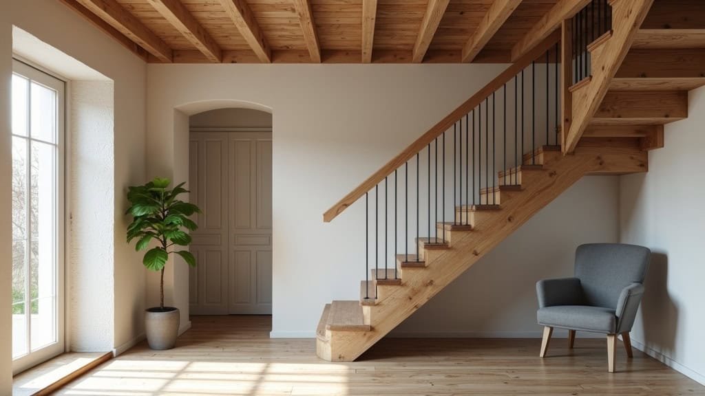 Monte-escalier installé dans un escalier en bois ancien avec un siège gris dans une maison typique de Lacapelle-Marival