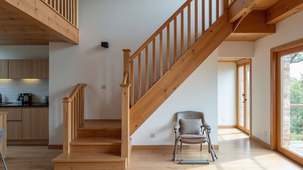 Monte-escalier siège installé sur un escalier droit en bois dans une maison traditionnelle de Lagraulière, avec rampe en acier et commande à portée de main