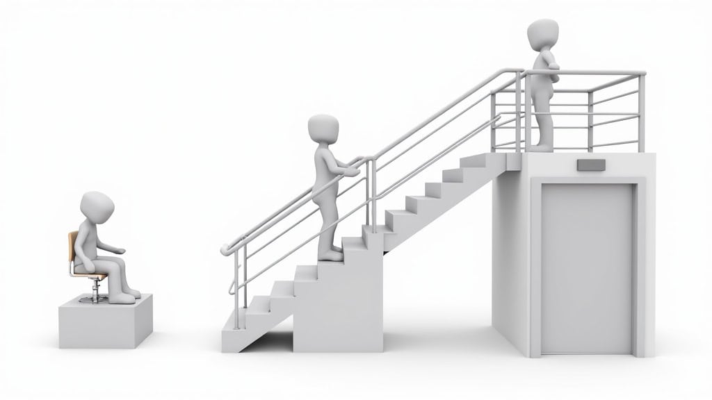 Comparatif visuel de trois types de monte-escaliers : siège standard, plateforme élévatrice et ascenseur privatif, illustrant les différences de taille, d