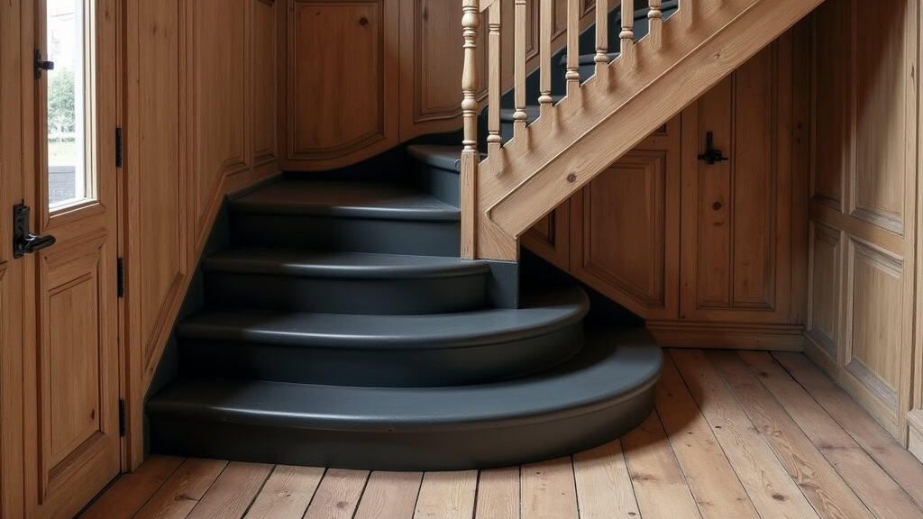 Monte-escalier tournant en noir mat intégré dans un escalier en bois ancien d