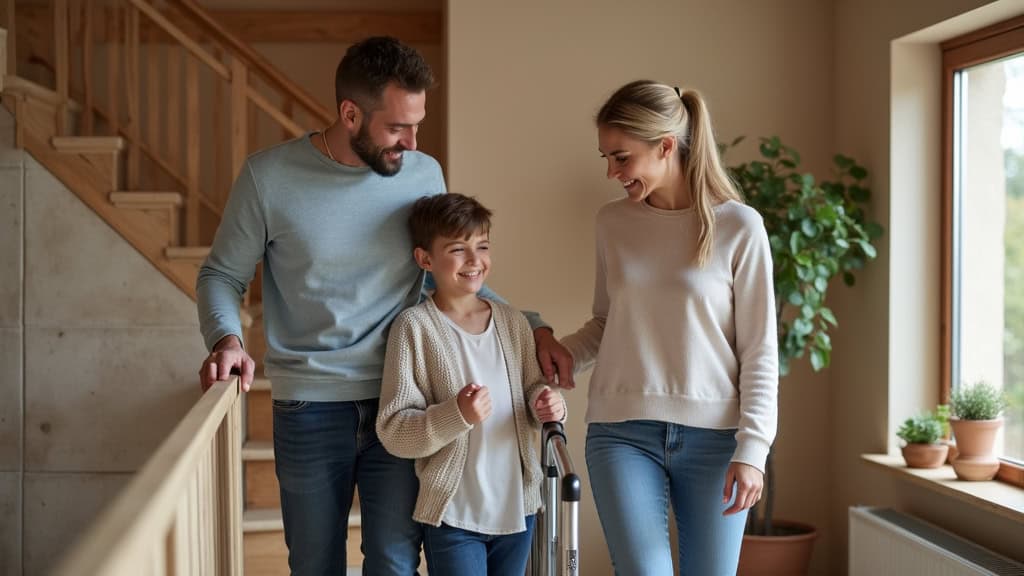 Famille souriante avec une personne âgée utilisant un monte-escalier à Laigné-en-Belin, dans un salon aux murs en bois et aux rideaux légers