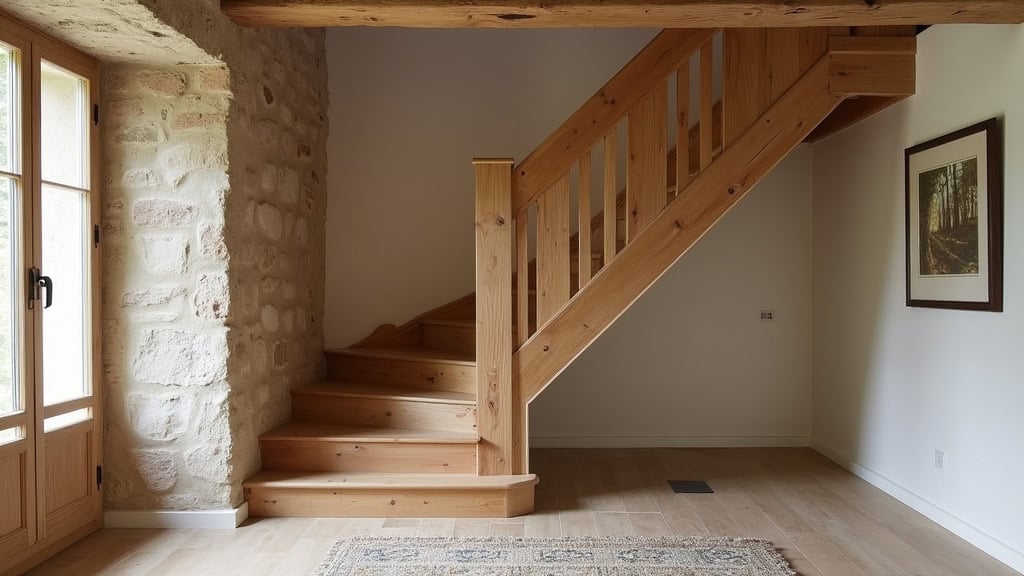 Monte-escalier droit installé sur un escalier en bois dans une maison traditionnelle du Périgord, à Lamonzie-Saint-Martin
