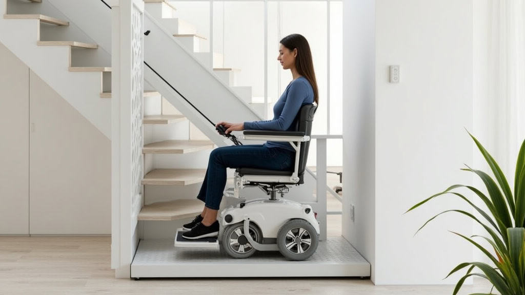 Plateforme élévatrice pour fauteuil roulant installée sur un escalier droit, à Lamonzie-Saint-Martin, avec utilisateur en fauteuil
