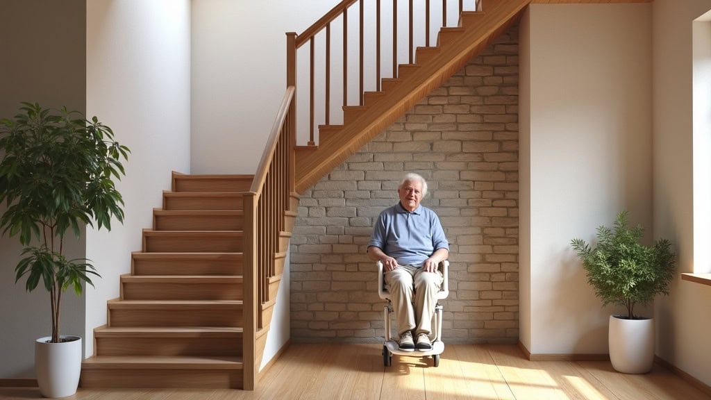 Monte-escalier droit installé dans une maison ancienne de Langonnet, avec escalier en bois et mur en pierre, utilisateur âgé en sécurité sur le siège