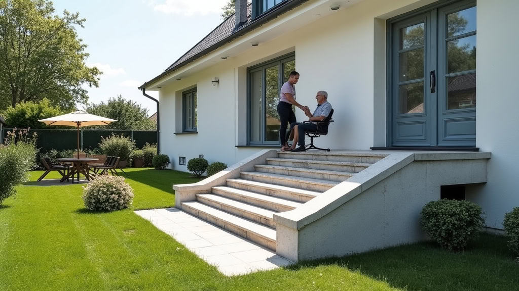 Monte-escalier extérieur installé devant une maison de Langonnet, avec marches en pierre et entrée en hauteur, utilisateur âgé en sécurité sur le siège