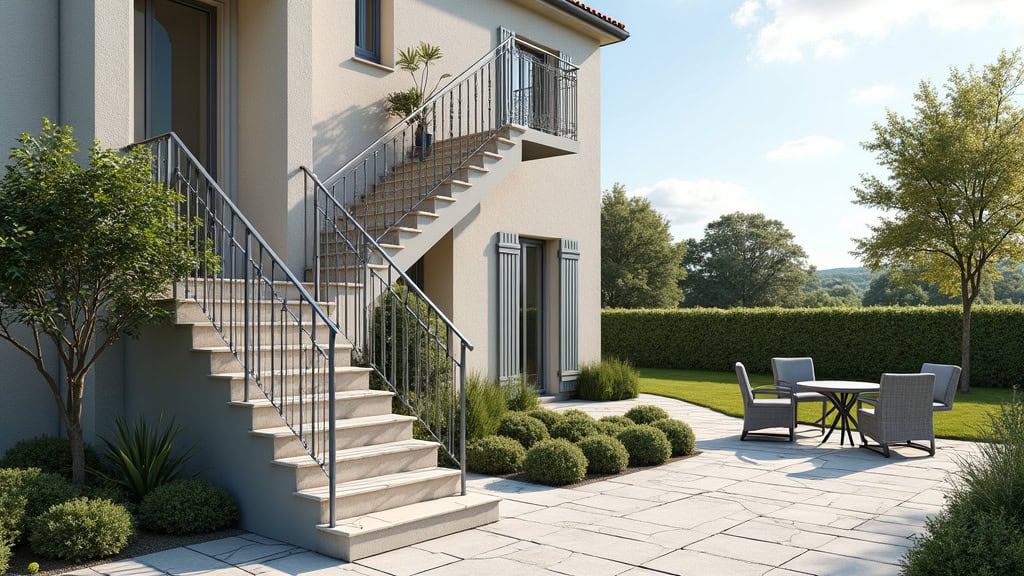 Monte-escalier extérieur en aluminium installé sur un escalier de jardin en pierre à Lannilis, avec vue sur les champs bretons
