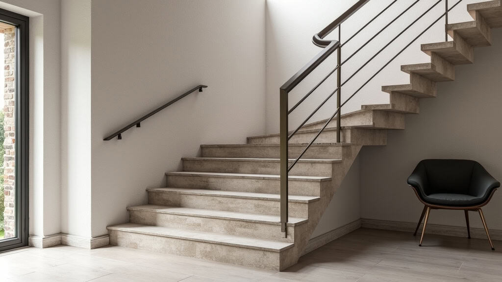 Monte-escalier droit installé dans une maison traditionnelle de Larajasse, avec un siège en gris et un rail discret sur les marches en pierre