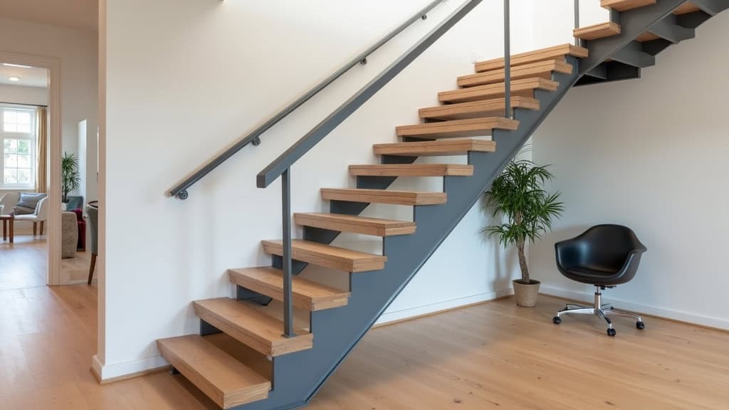 Monte-escalier droit en aluminium de couleur gris foncé installé sur un escalier en bois dans une maison de Larré, avec siège ergonomique et rail discret