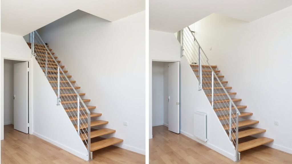 Comparaison d’un escalier à Laruns avant et après installation d’un monte-escalier : le rail discret sur les marches, un siège en aluminium, la porte d’entrée intacte
