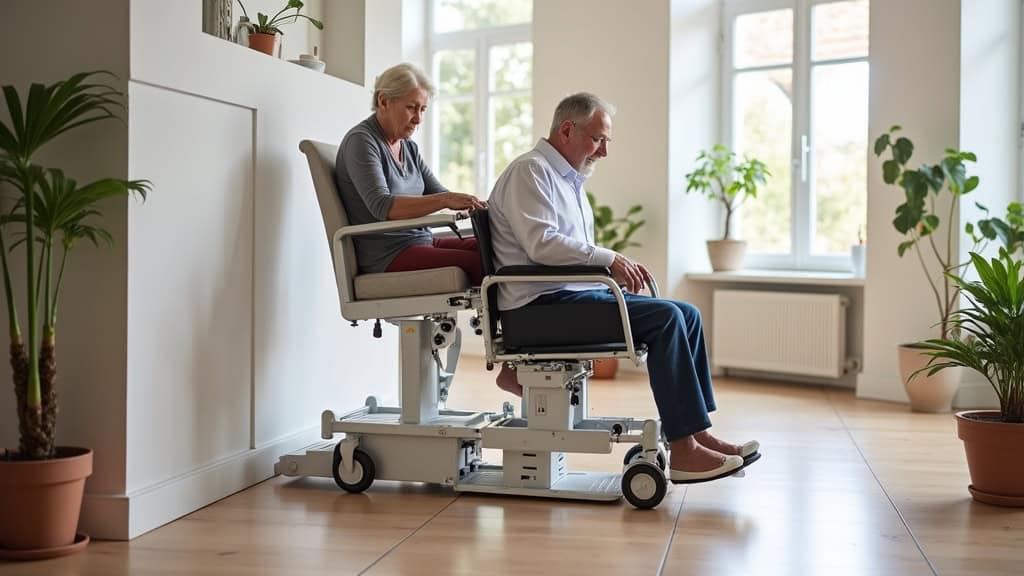 Plateforme élévatrice pour fauteuil roulant installée dans une maison de Lavérune, avec une personne âgée en fauteuil qui monte l