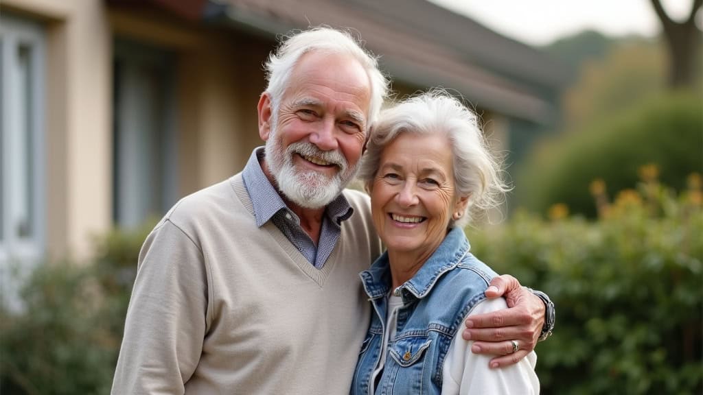 Couple âgé à Lavit posant avec leur monte-escalier droit installé, souriant, devant leur maison traditionnelle