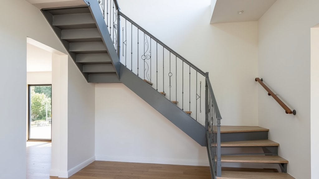 Monte-escalier droit installé dans une maison traditionnelle de Le Bailleul, avec rail en aluminium et siège gris, intégré discrètement dans l
