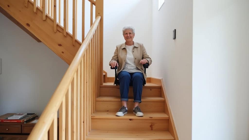 Monte-escalier à siège installé sur un escalier droit en bois dans une maison à Le Barp, avec une personne âgée montant tranquillement
