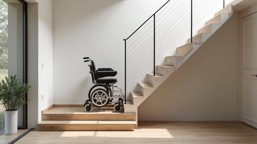 Monte-escalier à plateforme avec fauteuil roulant sur un escalier tournant à Le Barp, installé dans une maison de ville