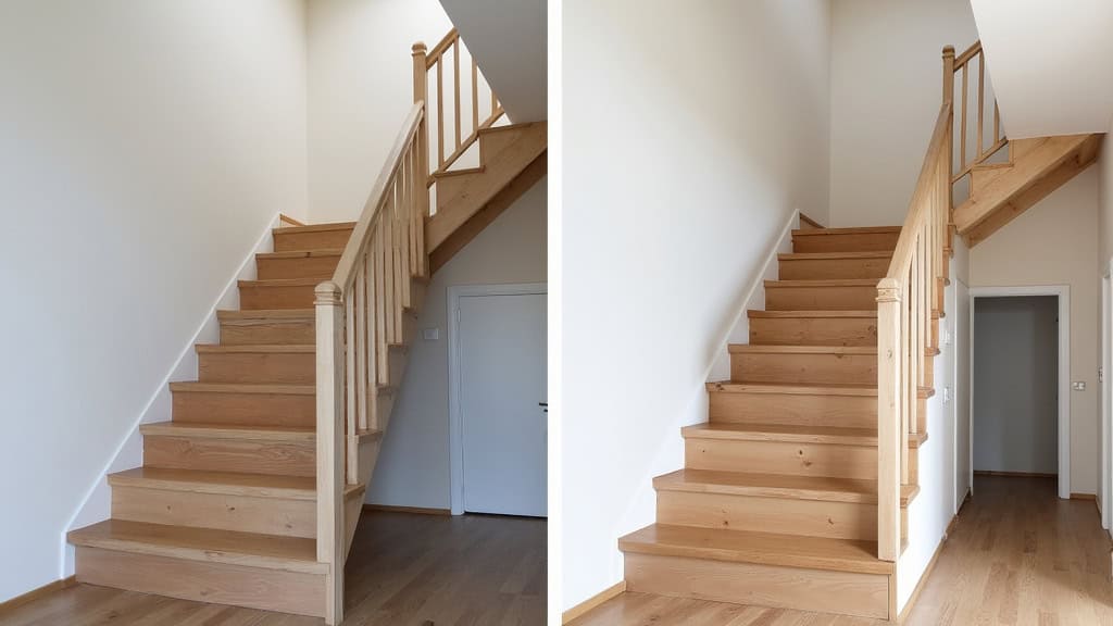 Comparaison avant-après : un escalier traditionnel de Le Bugue sans monte-escalier et avec monte-escalier instalé, montrant l