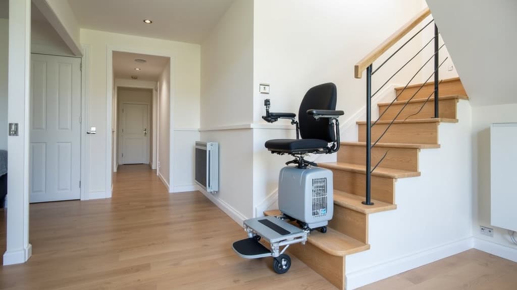 Monte-escalier en plateforme installé dans une maison de Le Cateau-Cambrésis, accueillant un fauteuil roulant électrique