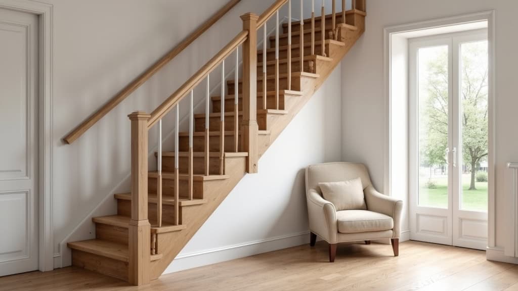 Monte-escalier installé sur un escalier droit en bois massif dans une maison typique de Le Fœil, avec rail discret et fauteuil en tissu beige