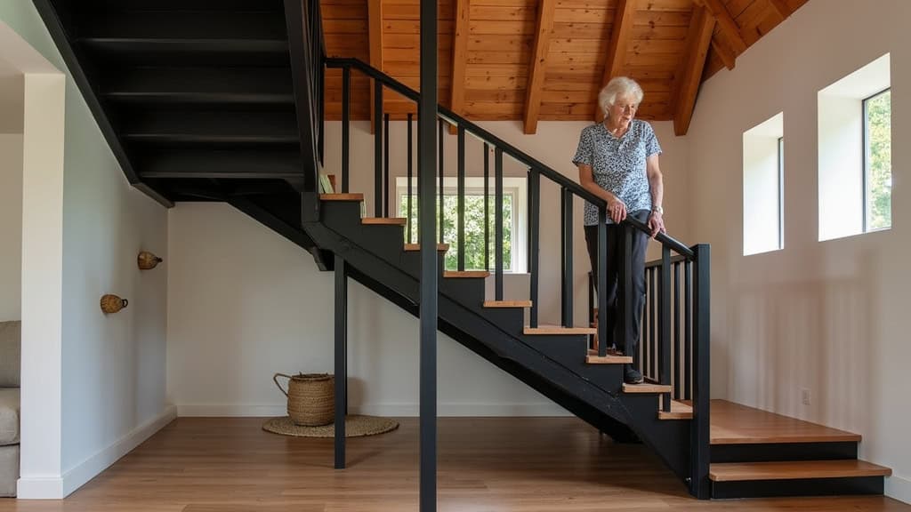 Monte-escalier droit noir mat installé sur un escalier en bois dans une maison traditionnelle de Le François, Martinique, avec un résident âgé en train de l
