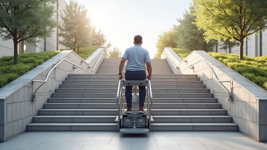 Plateforme monte-charge pour fauteuil roulant installée sur un escalier en pierre, avec un utilisateur en fauteuil roulant en train d