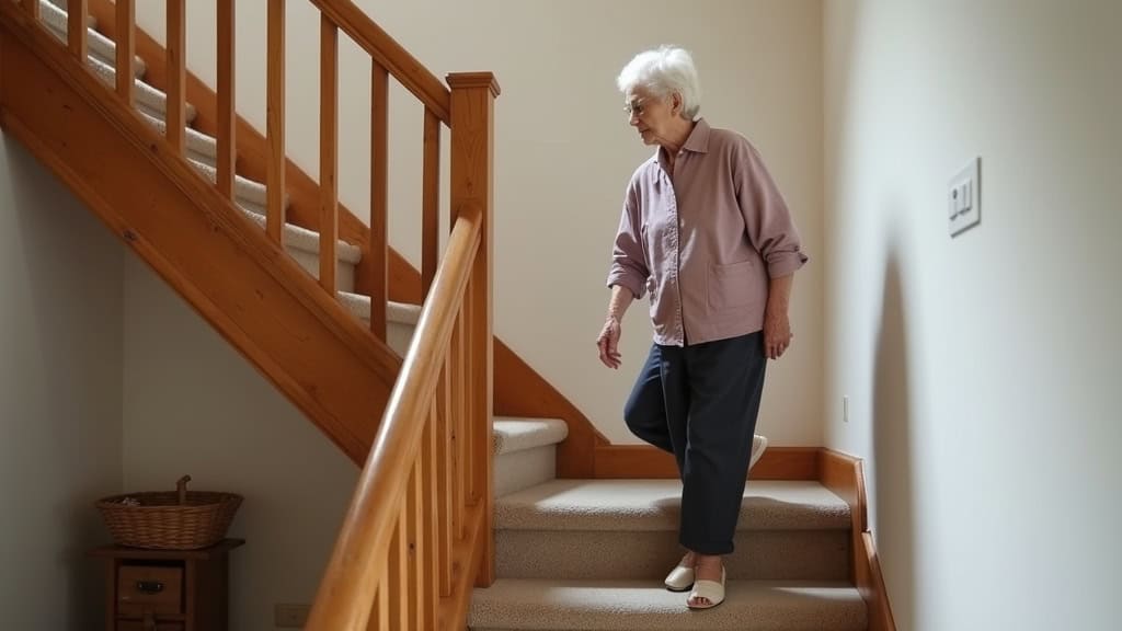 Marie, 82 ans, dans sa maison à Le Houga, utilisant son monte-escalier pour monter tranquillement les marches de son escalier en bois