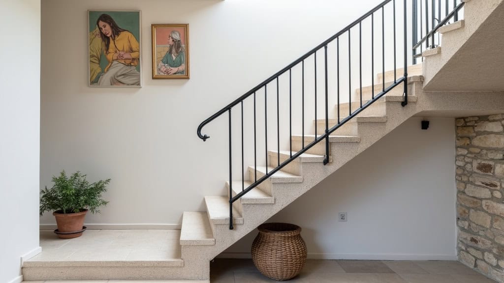 Monte-escalier courbe installé sur un escalier en pierre dans une maison typique du Lavandou, avec un rail en aluminium noir et un siège gris foncé
