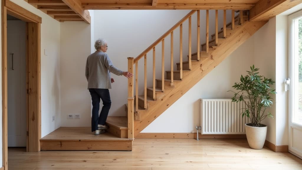 Monte-escalier droit installé sur un escalier en bois dans une maison traditionnelle du village de Le Mesnil-en-Thelle, avec un utilisateur âgé qui utilise l