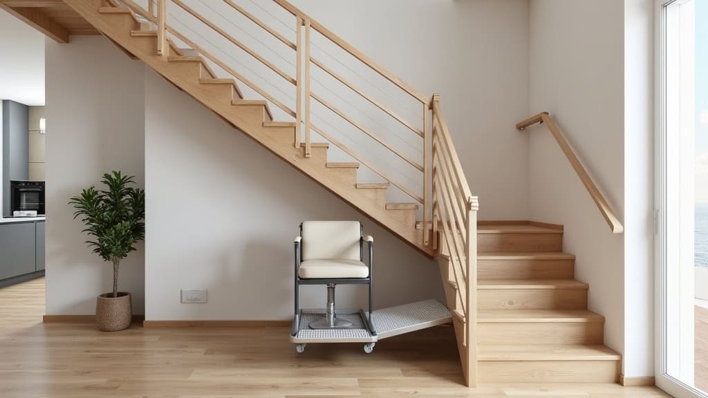 Plateforme monte-charge installée sur un escalier en bois dans une maison de Le Meux, avec un fauteuil roulant dessus