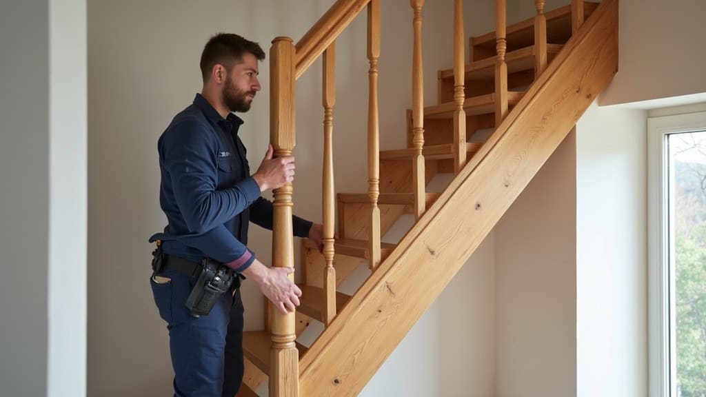 Technicien installant un monte-escalier droit sur un escalier en bois dans une maison traditionnelle à Le Monêtier-les-Bains