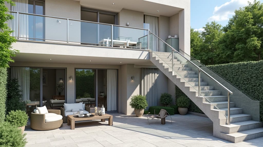 Monte-escalier extérieur en aluminium anodisé installé sur un escalier en pierre menant à l
