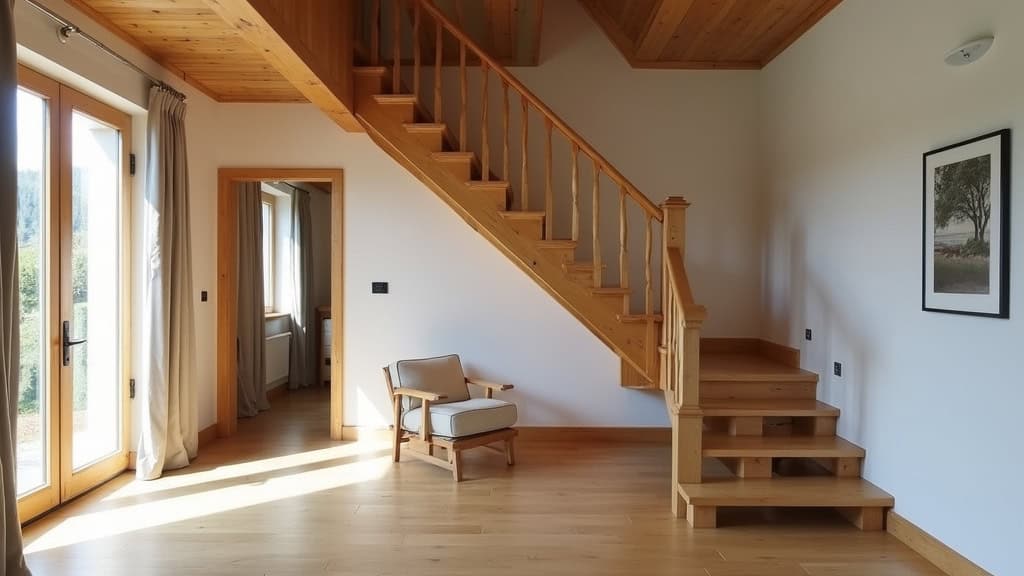 Escalier étroit en bois dans une maison typique de Le Morne-Vert avec un siège monte-escalier installé