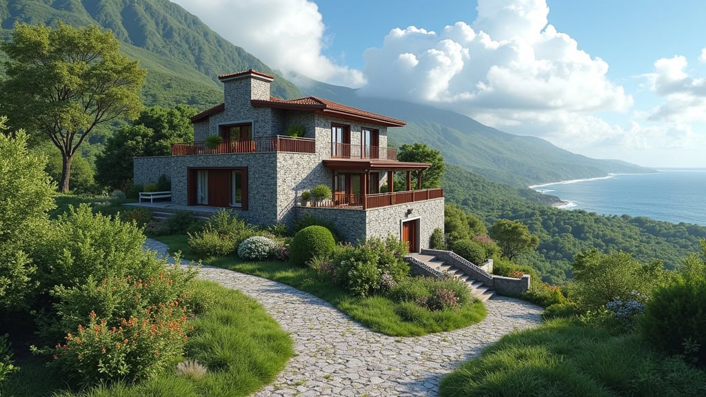 Paysage montagneux de Le Prêcheur, Martinique, avec maison en pierre et escalier extérieur