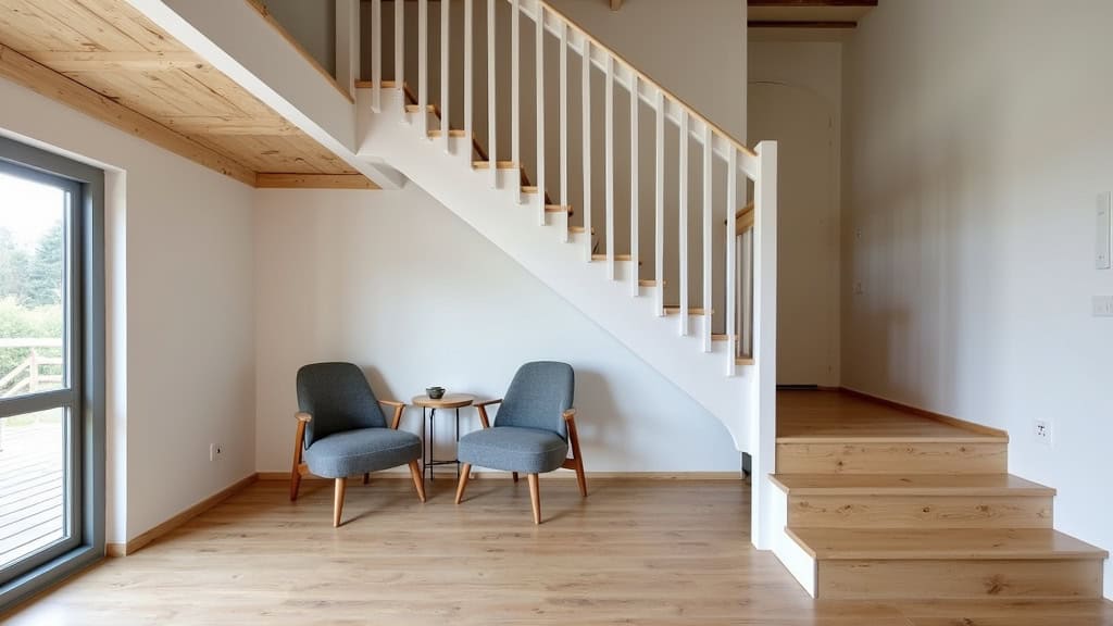 Monte-escalier droit en aluminium blanc installé sur un escalier en bois dans une maison de campagne à Le Val d