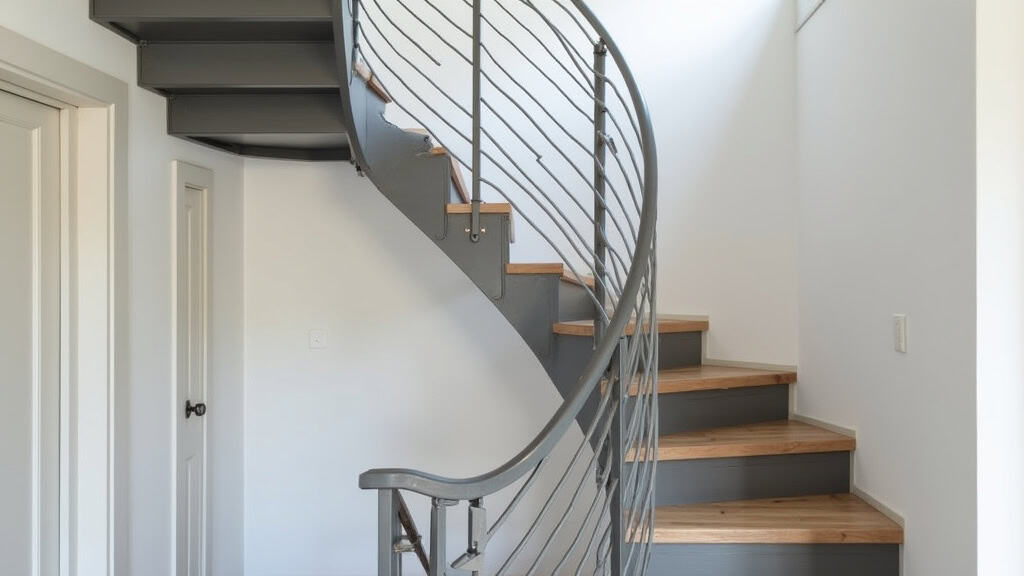 Monte-escalier courbe en aluminium gris installé sur un escalier avec un virage à 90 degrés dans une maison du Val d