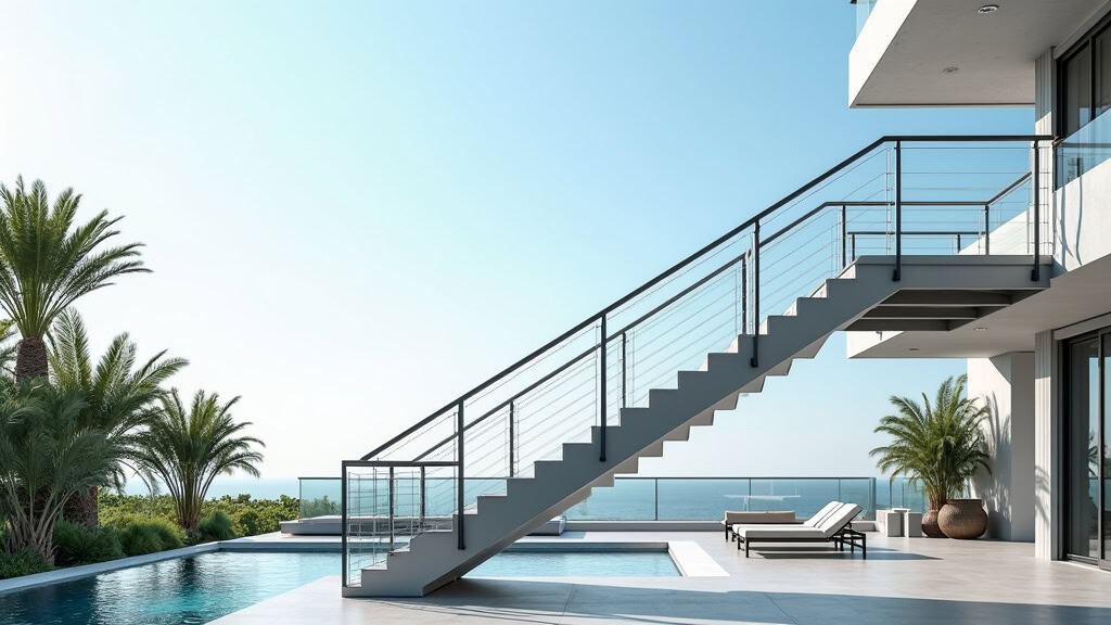 Monte-escalier extérieur en aluminium inoxydable pour accéder à une terrasse surélevée, avec palmiers en arrière-plan et ciel clair