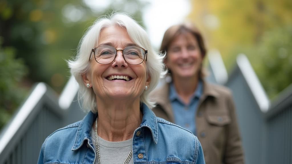 Personne âgée souriante utilisant un monte-escalier à Ledeuix, en train de descendre les marches en toute sécurité