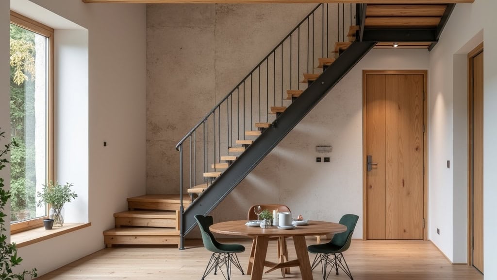 Monte-escalier tournant en aluminium discrétiquement installé dans un escalier en bois dans une maison traditionnelle de Lencloître