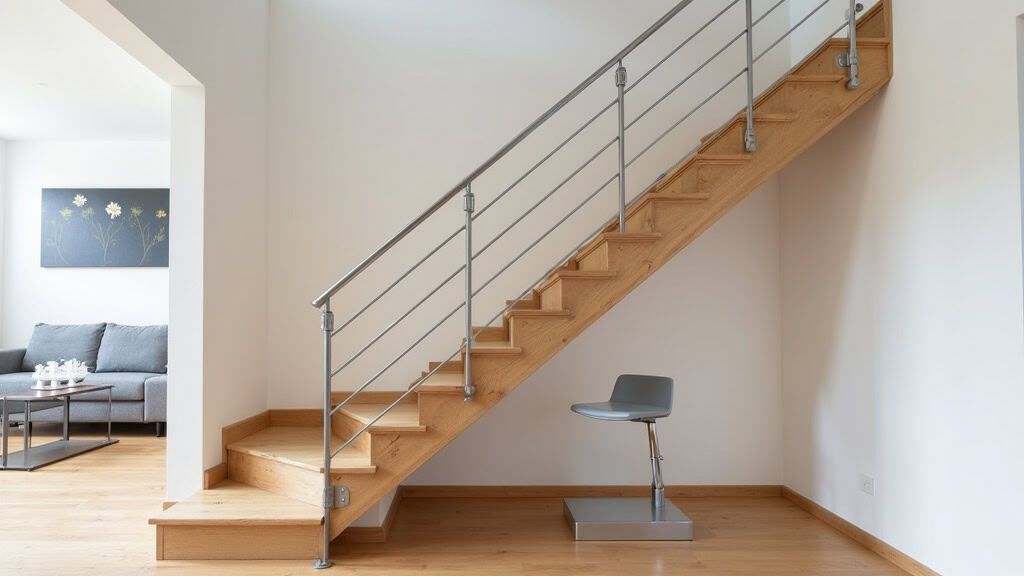 Monte-escalier installé sur un escalier droit en bois dans une maison à Les Angles, avec siège gris et rampe en aluminium