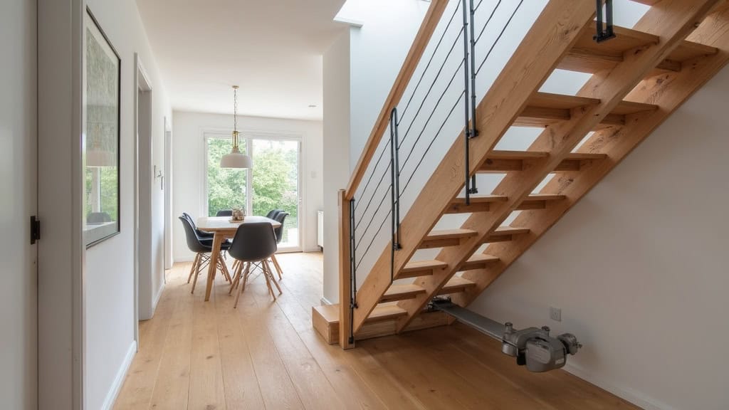 Siège monte-escalier gris installé sur un escalier en bois ancien, intégré harmonieusement dans un intérieur lumineux à Les Angles