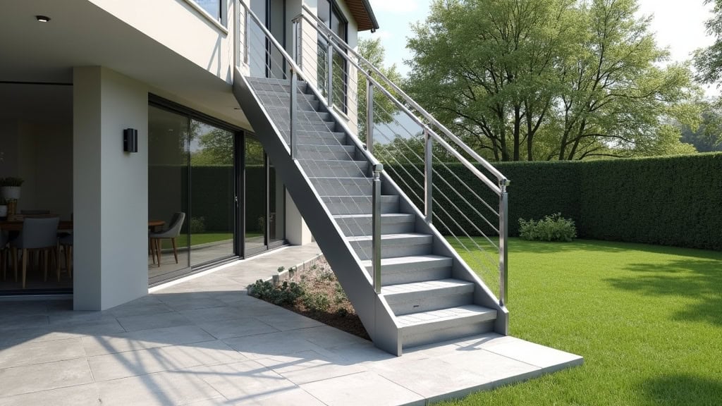 Monte-escalier extérieur en aluminium installé sur une volée de marches menant à une terrasse dans un jardin à Les Angles, avec siège gris et rampe protectrice