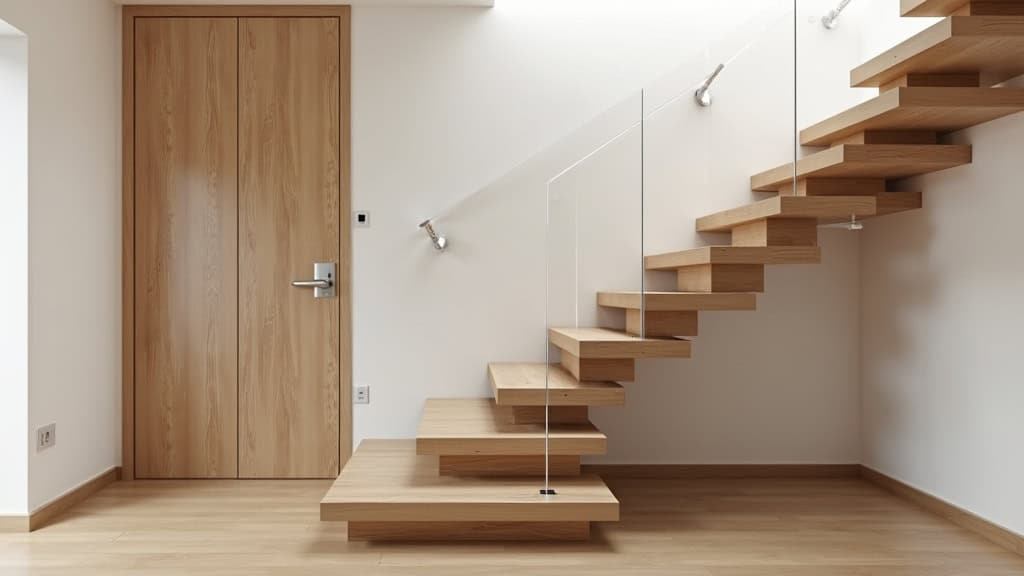 Monte-escalier assis en bois clair intégré dans un escalier en bois massif d